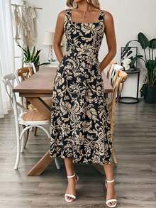 EMERY ROSE Women's Black Mid-Length Sleeveless Dress, Summer Holiday Women Vacation Elegant Tropical Midi Vacation Brunch - Khaki - View 7
