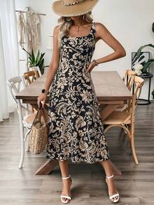 EMERY ROSE Women's Black Mid-Length Sleeveless Dress, Summer Holiday Women Vacation Elegant Tropical Midi Vacation Brunch - Khaki - View 2