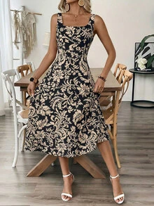 EMERY ROSE Women's Black Mid-Length Sleeveless Dress, Summer Holiday Women Vacation Elegant Tropical Midi Vacation Brunch - Khaki - View 5