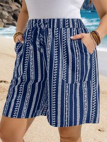 EMERY ROSE Plus Size Summer Pocket All-Over Print Knotted Casual Vacation Shorts - Navy Blue - View 4