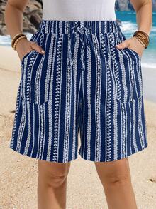 EMERY ROSE Plus Size Summer Pocket All-Over Print Knotted Casual Vacation Shorts - Navy Blue - View 1