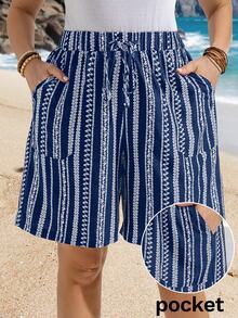 EMERY ROSE Plus Size Summer Pocket All-Over Print Knotted Casual Vacation Shorts - Navy Blue - View 5