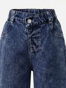 SHEIN Elladie kids 女童牛仔長褲，四季皆宜，時尚牛仔女孩休閒復古淺藍色，彈性腰帶不對稱設計，後口袋蝴蝶結刺繡圖案 - 深色水洗藍 - 查看 5