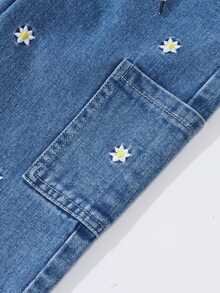 Celana Jeans Lurus Anak Perempuan dengan Pinggang Elastis, Tali Serut yang Dapat Diatur, Potongan Longgar, Bordir Bunga, Banyak Saku, Warna Biru Muda, Cocok untuk Sekolah, Musim Panas, dan Gaya Cowgirl. - Medium Wash - View 4