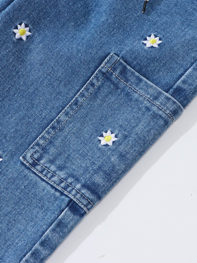 Young Girls Elastic Waist Adjustable Drawstring Relaxed Fit Floral Embroidered Multi-Pocket Denim Straight Leg Pants, Baby Blue, School Summer Cowgirl - Medium Wash - View 4