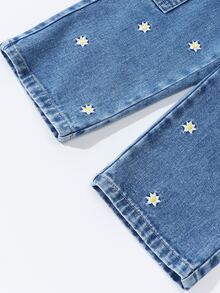 Celana Jeans Lurus Anak Perempuan dengan Pinggang Elastis, Tali Serut yang Dapat Diatur, Potongan Longgar, Bordir Bunga, Banyak Saku, Warna Biru Muda, Cocok untuk Sekolah, Musim Panas, dan Gaya Cowgirl. - Medium Wash - View 7