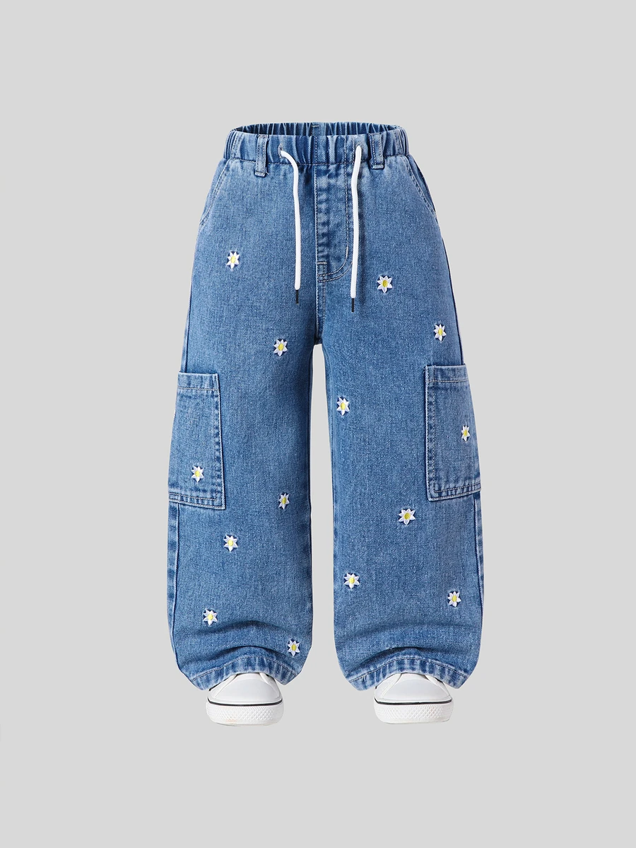 Celana Jeans Lurus Anak Perempuan dengan Pinggang Elastis, Tali Serut yang Dapat Diatur, Potongan Longgar, Bordir Bunga, Banyak Saku, Warna Biru Muda, Cocok untuk Sekolah, Musim Panas, dan Gaya Cowgirl. - Medium Wash - View 1