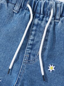 Celana Jeans Lurus Anak Perempuan dengan Pinggang Elastis, Tali Serut yang Dapat Diatur, Potongan Longgar, Bordir Bunga, Banyak Saku, Warna Biru Muda, Cocok untuk Sekolah, Musim Panas, dan Gaya Cowgirl. - Medium Wash - View 8