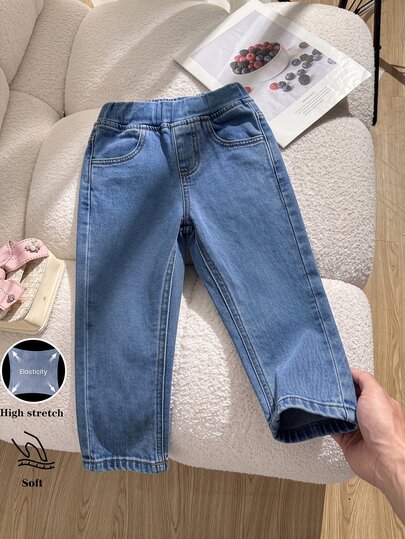 Girls' Slim Fit Casual Versatile Denim Leggings, Fashionable Washed Blue, Comfortable And Soft, High Elasticity, Suitable For Running, Jumping, Sports, Outings, Parties, Casual Wear, Dancing, School And More