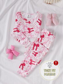 女童春秋長袖修身居家服套裝，蝴蝶結印花上衣 + 全身印花長褲 2 件套，休閒舒適修身睡衣，適合大童女孩，可愛蝴蝶結粉色圖案女童居家服套裝 - 粉色 - 查看 8