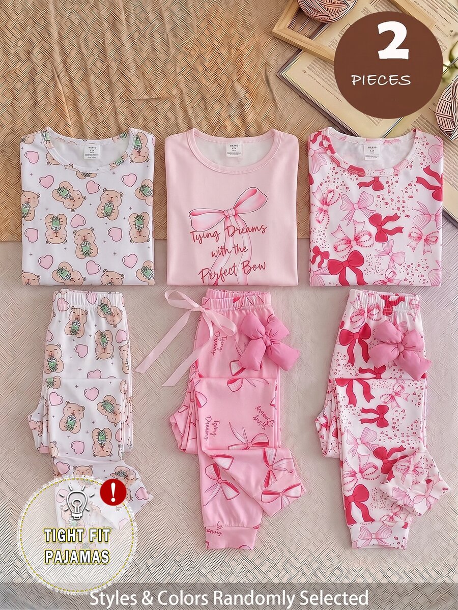 女童春秋長袖修身居家服套裝,蝴蝶結印花上衣 + 全身印花長褲 2 件套,休閒舒適修身睡衣,適合大童女孩,可愛蝴蝶結粉色圖案女童居家服套裝 - 粉色 - 查看 1
