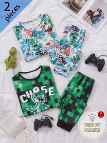 青少年男孩像素塗鴉恐龍印花居家服，長袖上衣與短褲2件套，柔軟舒適面料，男孩最佳禮物 - 彩色 - 查看 7