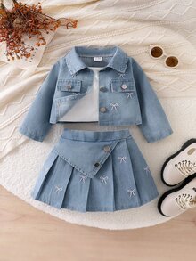 SHEIN Playful Pals 2pcs Young Girl Casual Sweet Striped Bow Ruffle Long Sleeve Round Neck Long White Skirt Outfit Set Daily Fall Outdoor Comfortable Breathable - Light Wash - View 8
