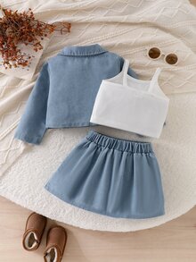 SHEIN Playful Pals 2pcs Young Girl Casual Sweet Striped Bow Ruffle Long Sleeve Round Neck Long White Skirt Outfit Set Daily Fall Outdoor Comfortable Breathable - Light Wash - View 2