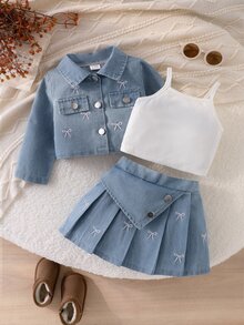 SHEIN Playful Pals 2pcs Young Girl Casual Sweet Striped Bow Ruffle Long Sleeve Round Neck Long White Skirt Outfit Set Daily Fall Outdoor Comfortable Breathable - Light Wash - View 7