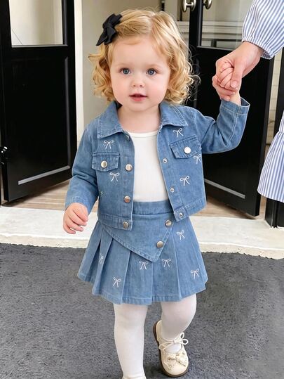 SHEIN Playful Pals 2pcs Young Girl Casual Sweet Striped Bow Ruffle Long Sleeve Round Neck Long White Skirt Outfit Set Daily Fall Outdoor Comfortable Breathable