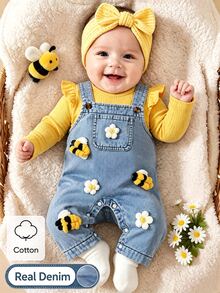 SHEIN Playful Pals 2件組女嬰韓式清新花卉刺繡牛仔吊帶褲套裝，黃色荷葉袖羅紋長袖T恤，精緻刺繡牛仔布，柔軟面料，適中厚度，嬰兒幼兒2件套，春/秋新品，適合派對、慶祝、日常穿著，0-1歲 - 彩色 - 查看 3
