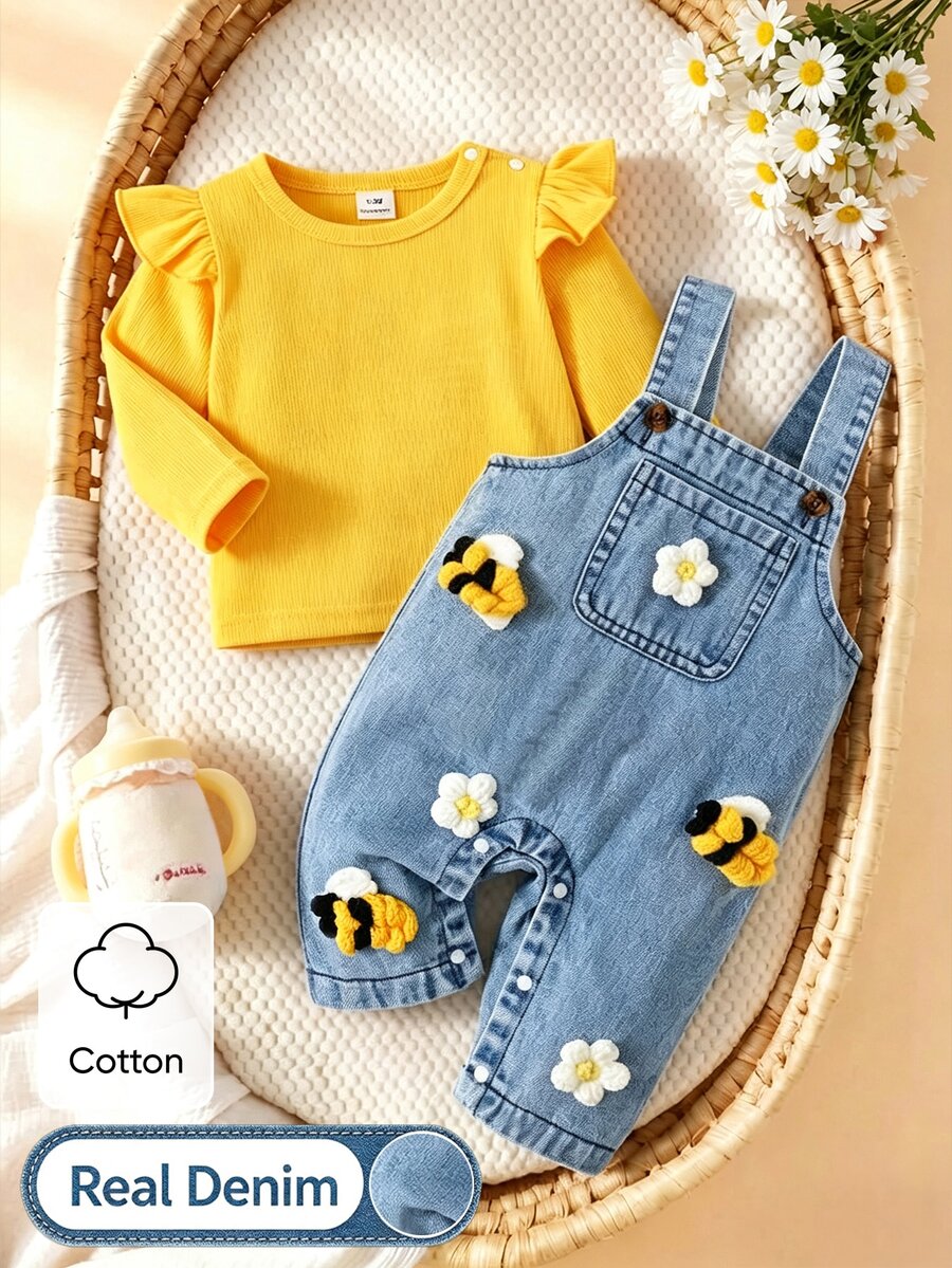 SHEIN Playful Pals 2件組女嬰韓式清新花卉刺繡牛仔吊帶褲套裝,黃色荷葉袖羅紋長袖T恤,精緻刺繡牛仔布,柔軟面料,適中厚度,嬰兒幼兒2件套,春/秋新品,適合派對、慶祝、日常穿著,0-1歲 - 彩色 - 查看 1