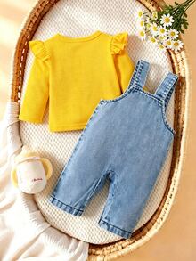 SHEIN Playful Pals 2件組女嬰韓式清新花卉刺繡牛仔吊帶褲套裝，黃色荷葉袖羅紋長袖T恤，精緻刺繡牛仔布，柔軟面料，適中厚度，嬰兒幼兒2件套，春/秋新品，適合派對、慶祝、日常穿著，0-1歲 - 彩色 - 查看 2
