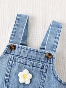 SHEIN Playful Pals 2件組女嬰韓式清新花卉刺繡牛仔吊帶褲套裝，黃色荷葉袖羅紋長袖T恤，精緻刺繡牛仔布，柔軟面料，適中厚度，嬰兒幼兒2件套，春/秋新品，適合派對、慶祝、日常穿著，0-1歲 - 彩色 - 查看 5