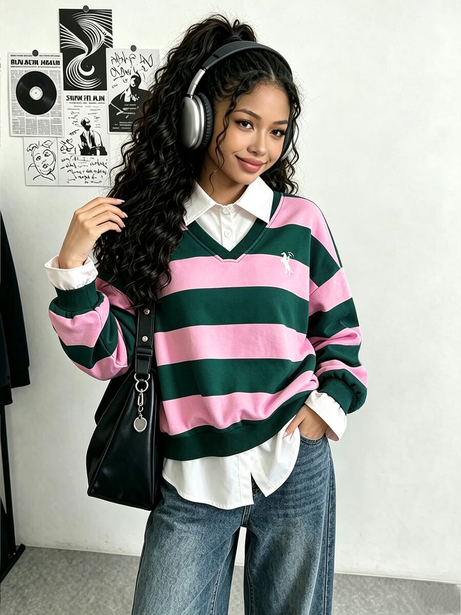 Genkimix Kids 女童假兩件式領口層次感 V 領粉色深綠色寬條紋長袖上衣,對比白色襯衫領與聖誕袖口 - 彩色 - 查看 1
