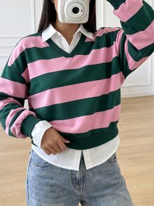 Genkimix Kids 女童假兩件式領口層次感 V 領粉色深綠色寬條紋長袖上衣，對比白色襯衫領與聖誕袖口 - 彩色 - 查看 5