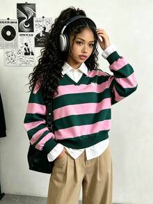Genkimix Kids 女童假兩件式領口層次感 V 領粉色深綠色寬條紋長袖上衣，對比白色襯衫領與聖誕袖口 - 彩色 - 查看 6