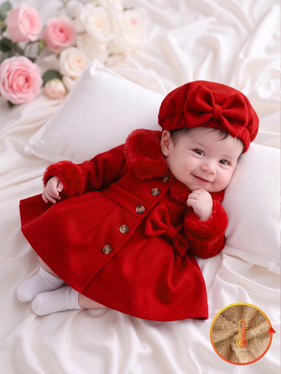 SHEIN 2pcs Newborn Girl Princess Coat Dress Elegant Sweet Bright Red Bow Fur Collar Pleated Long Sleeve Lapel Thick Winter Holiday Wedding Bowknot