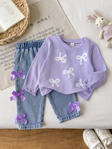 SHEIN Spring Autumn Baby Girl 2pcs Set, Ribbed Knit Flared Cuff Top With White Bow Embroidery & Soft Denim Pants With 3D Purple Satin Bows Casual Outfit - Purple - View 2