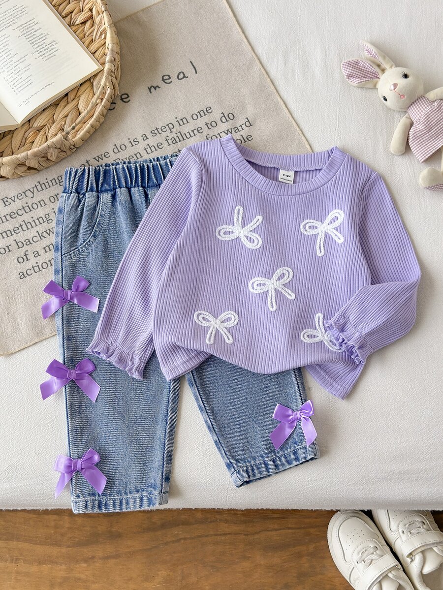 SHEIN Spring Autumn Baby Girl 2pcs Set, Ribbed Knit Flared Cuff Top With White Bow Embroidery & Soft Denim Pants With 3D Purple Satin Bows Casual Outfit