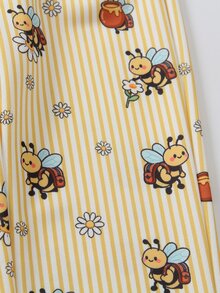 SHEIN Playful Pals 2件組女童套裝，可愛卡通蜜蜂印花圓領衛衣與條紋蜜蜂花卉印花長褲套裝，休閒秋季日常兒童服飾 - 黃色 - 查看 6
