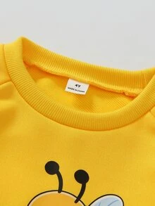 SHEIN Playful Pals 2件組女童套裝，可愛卡通蜜蜂印花圓領衛衣與條紋蜜蜂花卉印花長褲套裝，休閒秋季日常兒童服飾 - 黃色 - 查看 5