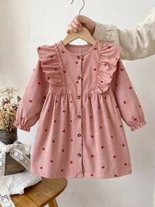 SHEIN Vintaside Kids Toddler Girl 4-7Y Heart Print Ruffle Trim Corduroy Long Sleeve Button Front A-Line Dress 7th Birthday Autumn Fairy - Pink - View 4