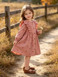 SHEIN Vintaside Kids Toddler Girl 4-7Y Heart Print Ruffle Trim Corduroy Long Sleeve Button Front A-Line Dress 7th Birthday Autumn Fairy - Pink - View 1