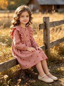 SHEIN Vintaside Kids Toddler Girl 4-7Y Heart Print Ruffle Trim Corduroy Long Sleeve Button Front A-Line Dress 7th Birthday Autumn Fairy - Pink - View 7