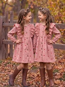 SHEIN Vintaside Kids Toddler Girl 4-7Y Heart Print Ruffle Trim Corduroy Long Sleeve Button Front A-Line Dress 7th Birthday Autumn Fairy - Pink - View 8