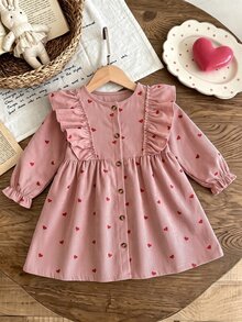 SHEIN Vintaside Kids Toddler Girl 4-7Y Heart Print Ruffle Trim Corduroy Long Sleeve Button Front A-Line Dress 7th Birthday Autumn Fairy - Pink - View 5