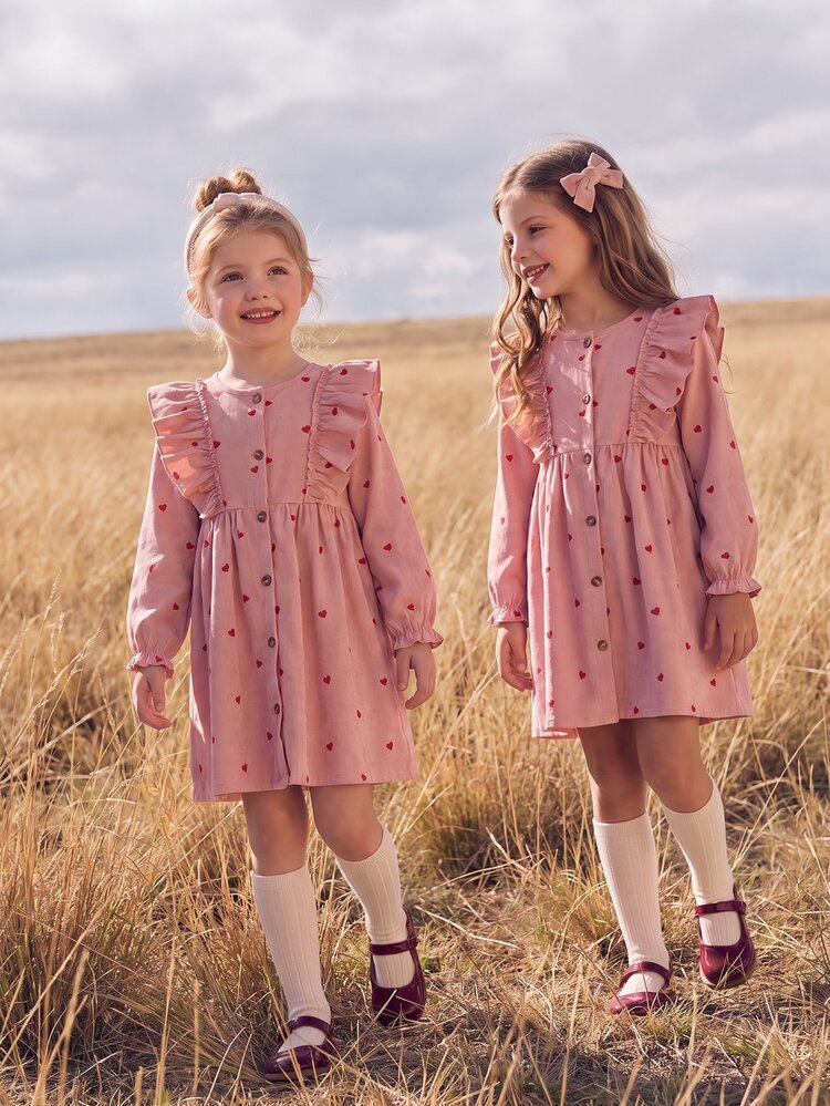 SHEIN Vintaside Kids 女童 4-7 歲愛心印花荷葉邊飾燈芯絨長袖前開鈕扣 A 字洋裝 - 粉色 - 查看 3