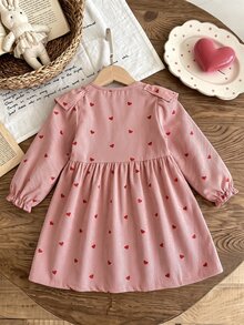SHEIN Vintaside Kids Toddler Girl 4-7Y Heart Print Ruffle Trim Corduroy Long Sleeve Button Front A-Line Dress 7th Birthday Autumn Fairy - Pink - View 2