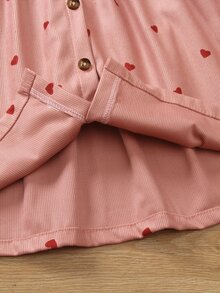 SHEIN Vintaside Kids Toddler Girl 4-7Y Heart Print Ruffle Trim Corduroy Long Sleeve Button Front A-Line Dress 7th Birthday Autumn Fairy - Pink - View 9