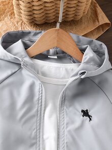 SHEIN Genkimix Kids 1件小男孩休閒簡約街頭連帽長袖夾克，時尚設計，適合秋季穿著，4-7歲男孩日常穿著，運動 - 灰色 - 查看 8