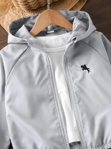SHEIN Genkimix Kids 1件小男孩休閒簡約街頭連帽長袖夾克，時尚設計，適合秋季穿著，4-7歲男孩日常穿著，運動 - 灰色 - 查看 5