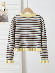 SHEIN 秋冬季大女孩黃色可愛長袖條紋蝴蝶結針織開襟衫，返校季，舒適柔軟，節慶聖誕 - 黃色 - 查看 2