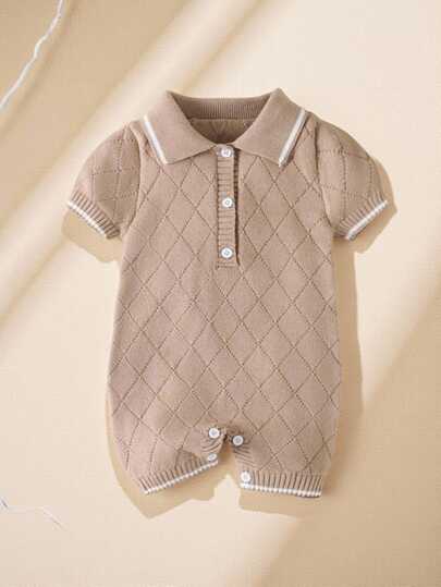 Souflis Souflis Baby Boys Sweater Short Sleeve Romper Collared Solid Color British Style Adorable Outings Fashionable White Autumn Casual Family Matching