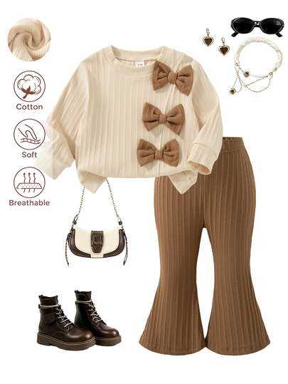 SHEIN Baby Girl Sweet & Cool Contrast Color Bow Decor Comfortable Asymmetrical Ribbed Light Apricot Long Sleeve Top + Brown Flared Long Pants Set, Autumn/Winter Stylish 2-Piece Outfit