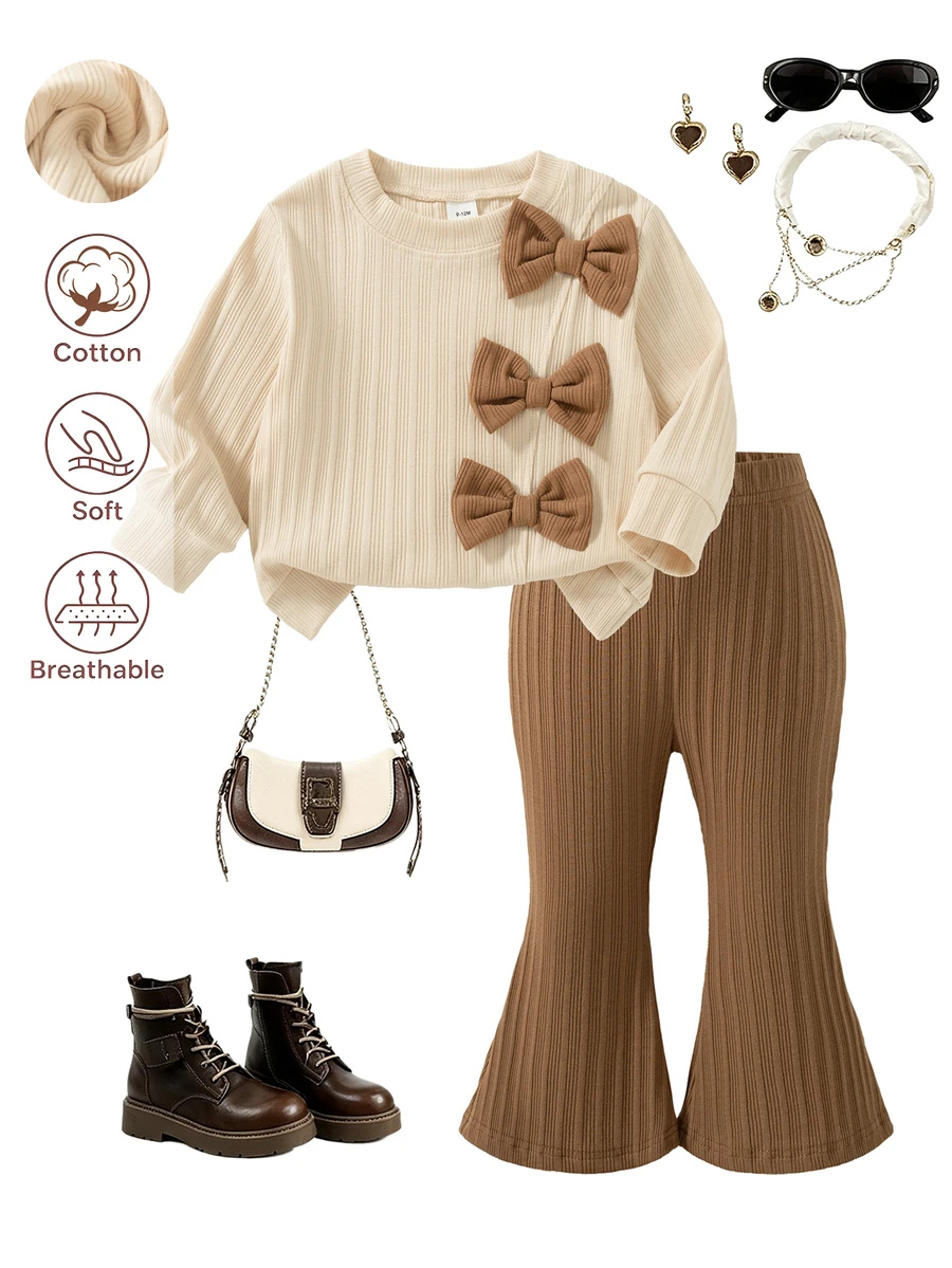SHEIN Baby Girl Sweet & Cool Contrast Color Bow Decor Comfortable Asymmetrical Ribbed Light Apricot Long Sleeve Top + Brown Flared Long Pants Set, Autumn/Winter Stylish 2-Piece Outfit