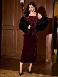 MOTF PREMIUM Gaun Panjang Bordir Elegan Wanita untuk Kencan Musim Gugur/Dingin - Purple - View 8