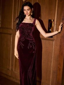 MOTF PREMIUM Gaun Panjang Bordir Elegan Wanita untuk Kencan Musim Gugur/Dingin - Purple - View 4