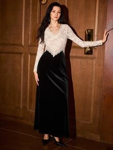 MOTF PREMIUM GAUN PANJANG WANITA UNTUK MUSIM GUGUR/DINGIN, BELUDRU DENGAN MOTIF RENDA DAN WARNA KONTRAST - Hitam dan Putih - View 6