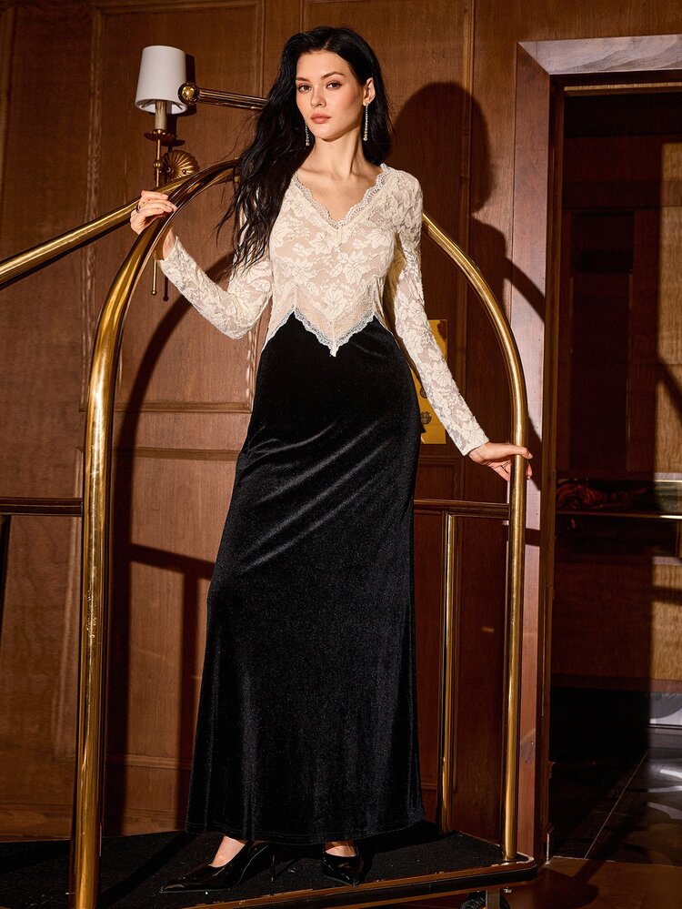 MOTF PREMIUM WOMEN'S AUTUMN/WINTER LACE PATCHWORK VELVET CONTRAST COLOR LONG DRESS - Black and White - View 6